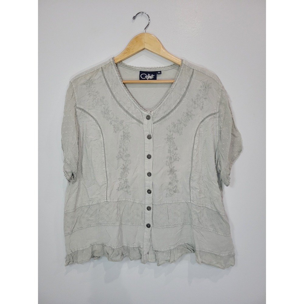 Coline Womens 3XL Embroidered Boho Blouse Sage Green VNeck Button Front Tie Back